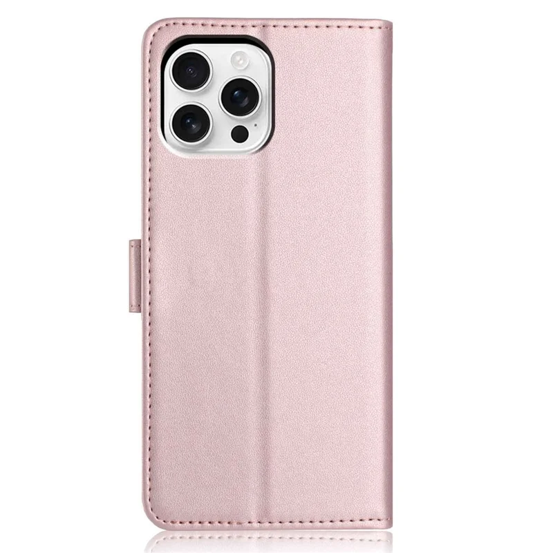 For iPhone 16 Pro Wallet Case with Strap / Multiple Card Slots Solid Color Leather Stand Phone Cover - Rose Gold