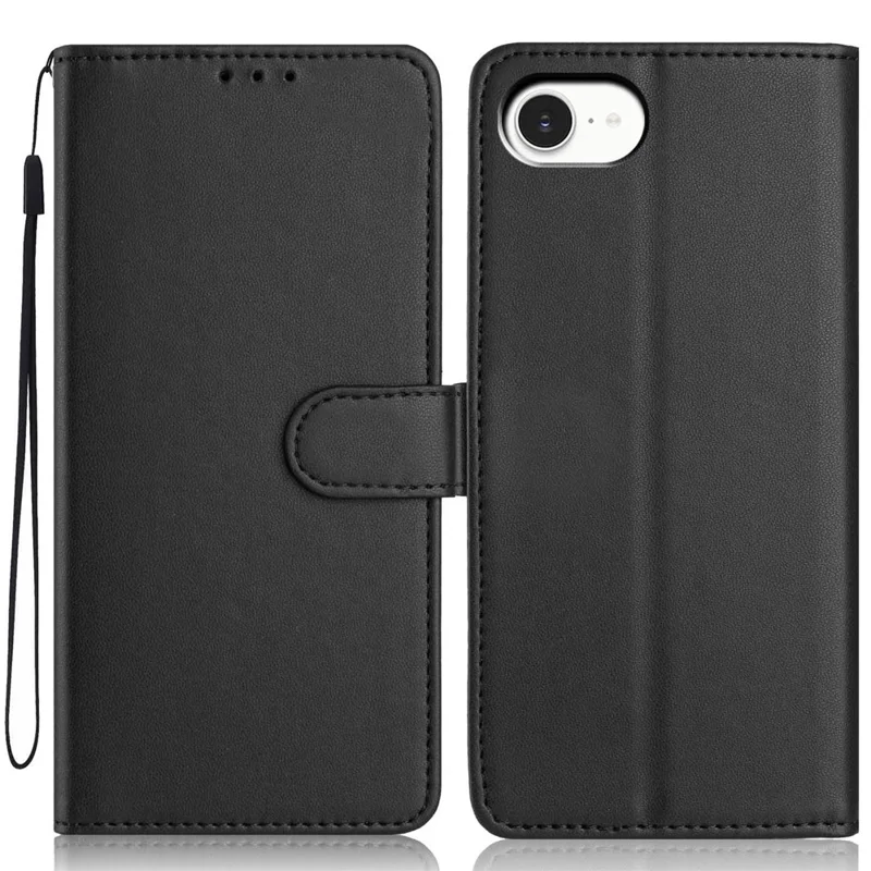 Funda de Cartera para iPhone 16e con Correa / Múltiples Ranuras para Tarjetas Color Sólido Cubierta de Teléfono de Cuero con Soporte - Negro