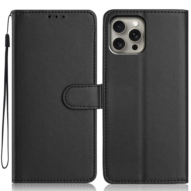 Funda de cartera para iPhone 15 Pro con correa / Múltiples ranuras para tarjetas Color sólido Cubierta de teléfono de cuero con soporte - Negro