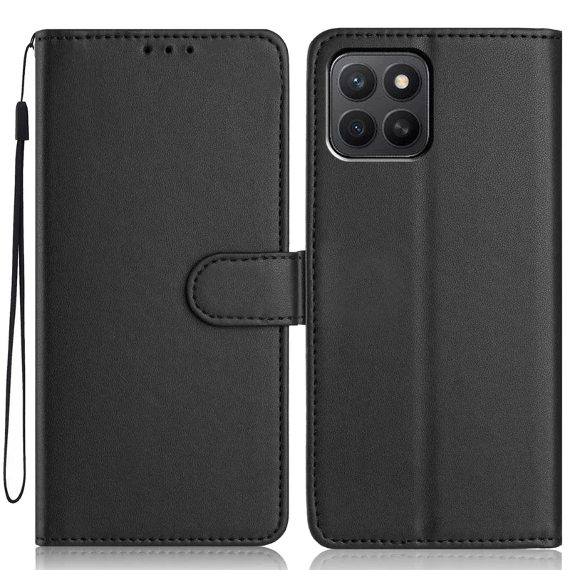Capa de Carteira For Honor X8c 4G com Alça / Múltiplos Slots para Cartões Cor Sólida Capa de Telefone de Couro com Suporte - Preto