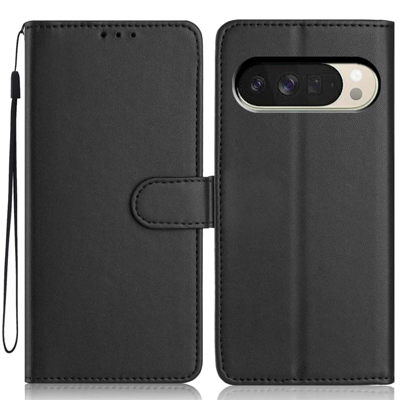 Funda de cartera para Google Pixel 10 Pro XL / 9 Pro XL con correa / Múltiples ranuras para tarjetas Color sólido Funda de teléfono de cuero con soporte - Negro