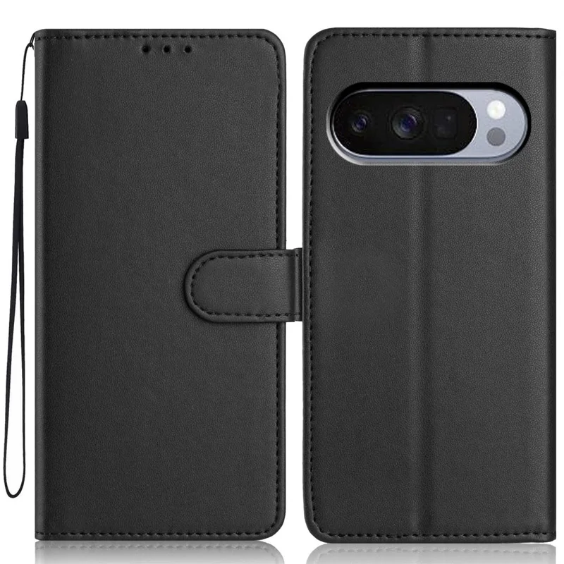For Google Pixel 10 / 10 Pro Wallet Case with Strap / Multiple Card Slots Solid Color Leather Stand Phone Cover - Black