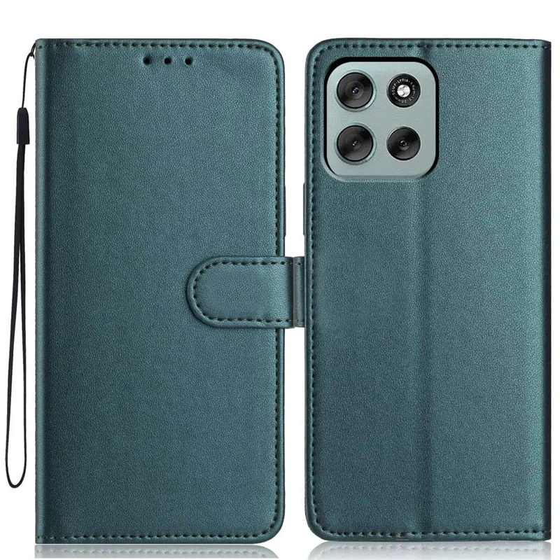 For Motorola Moto G56 5G Wallet Case with Strap / Multiple Card Slots Solid Color Leather Stand Phone Cover - Blackish Green