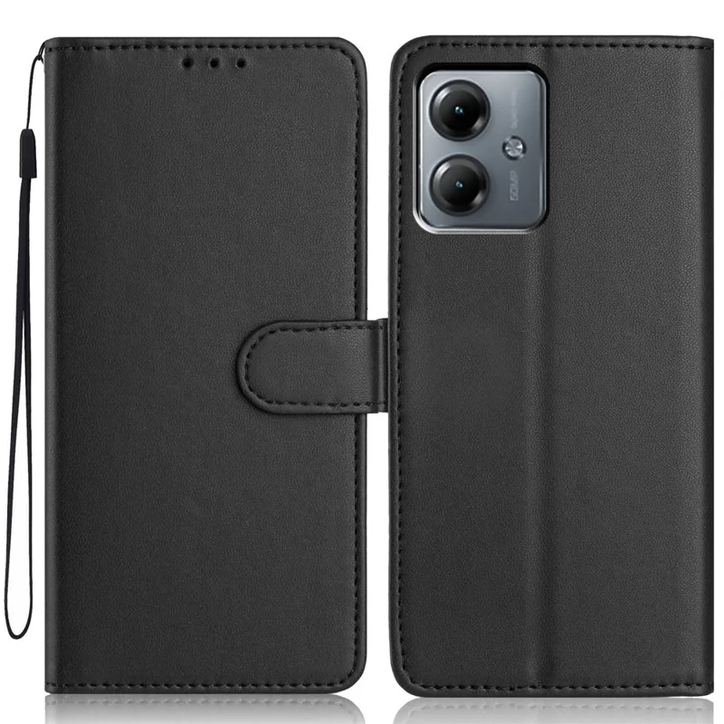 Funda de Billetera para Motorola Moto G14 4G / G54 5G con Correa / Múltiples Ranuras para Tarjetas Sólido Color Cuero Soporte Cubierta de Teléfono - Negro