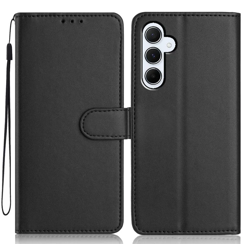 For Samsung Galaxy A17 5G / A26 5G Wallet Case with Strap / Multiple Card Slots Solid Color Leather Stand Phone Cover - Black