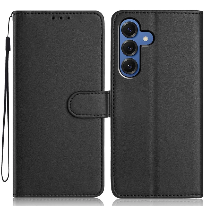 Funda tipo cartera para Samsung Galaxy S25 con correa / Múltiples ranuras para tarjetas Funda de teléfono de cuero de color sólido con soporte - Negro