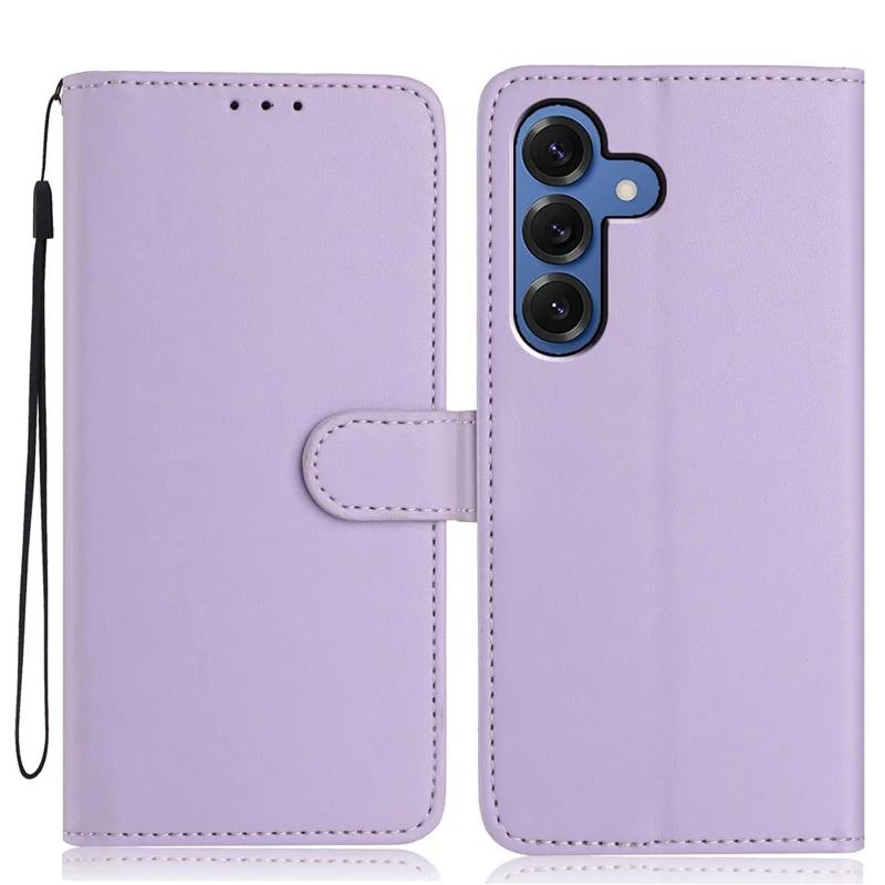 For Samsung Galaxy S25 Wallet Case with Strap / Multiple Card Slots Solid Color Leather Stand Phone Cover - Purple