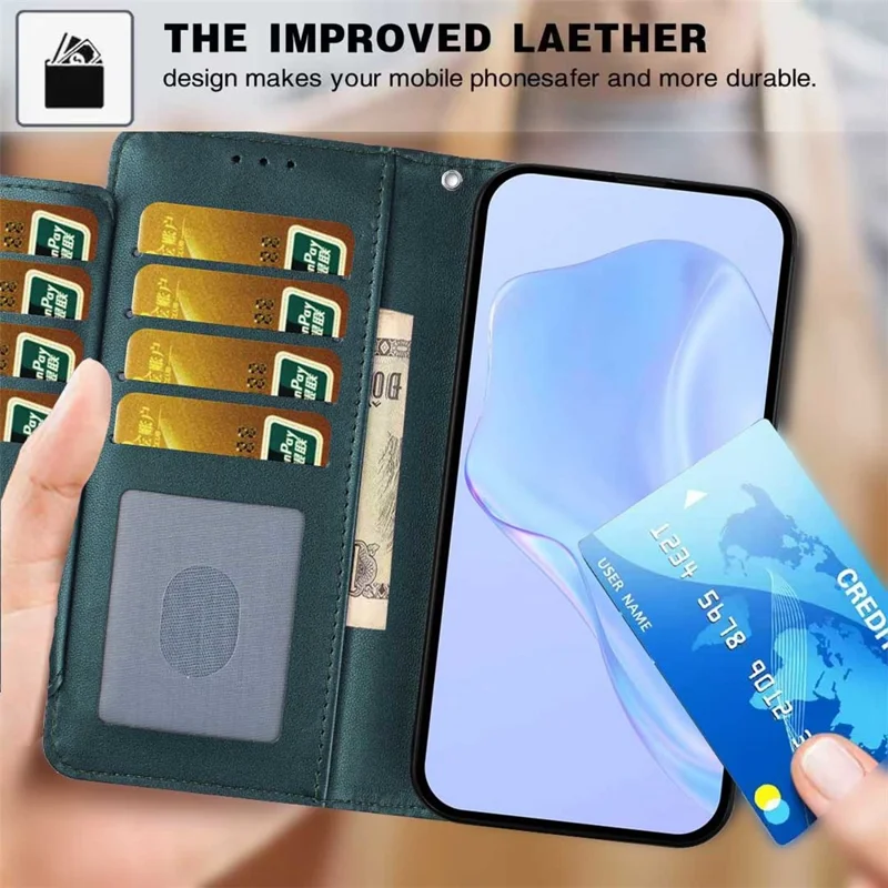 For Samsung Galaxy S25 Wallet Case with Strap / Multiple Card Slots Solid Color Leather Stand Phone Cover - Blackish Green