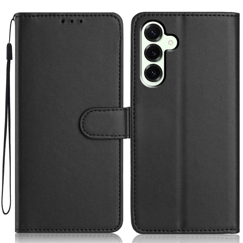 For Samsung Galaxy S25+ Wallet Case with Strap / Multiple Card Slots Solid Color Leather Stand Phone Cover - Black