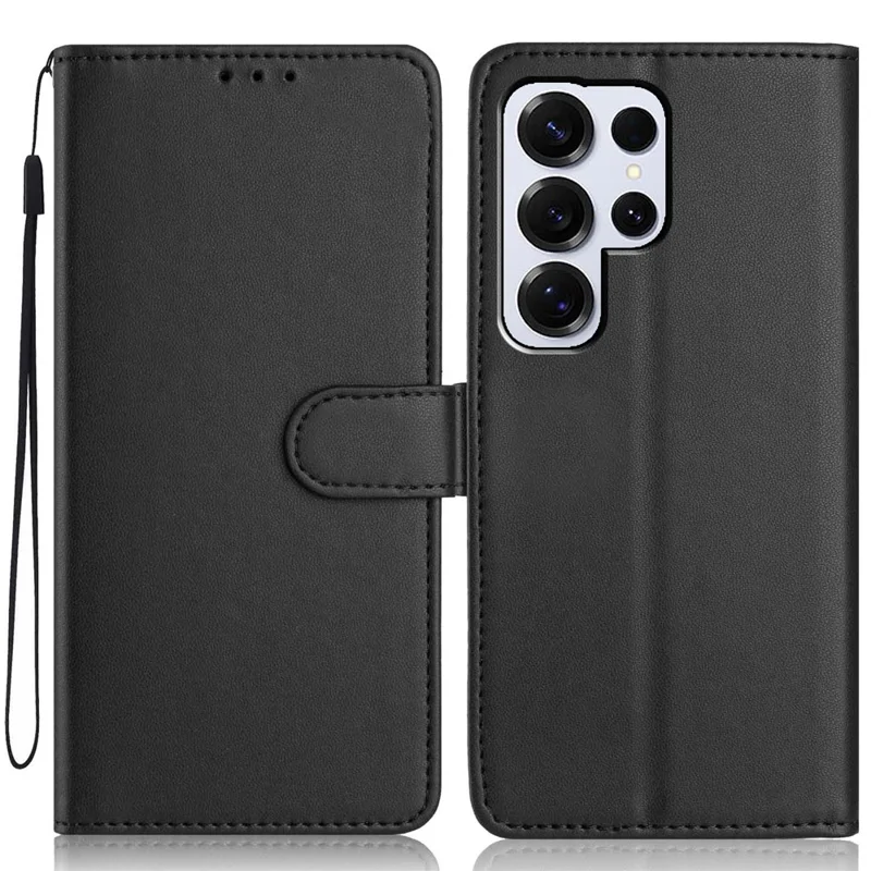 Étui portefeuille pour Samsung Galaxy S25 Ultra avec sangle / Plusieurs fentes pour cartes Couleur unie Étui en cuir avec support - Noir