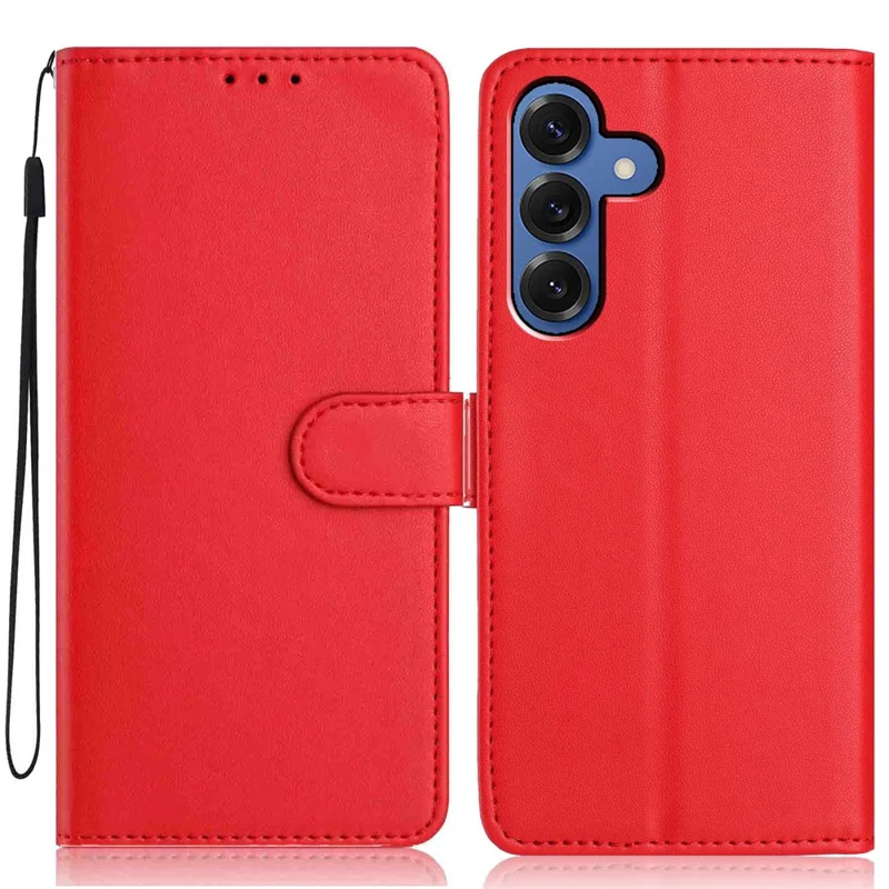 For Samsung Galaxy A36 5G Wallet Case with Strap / Multiple Card Slots Solid Color Leather Stand Phone Cover - Red