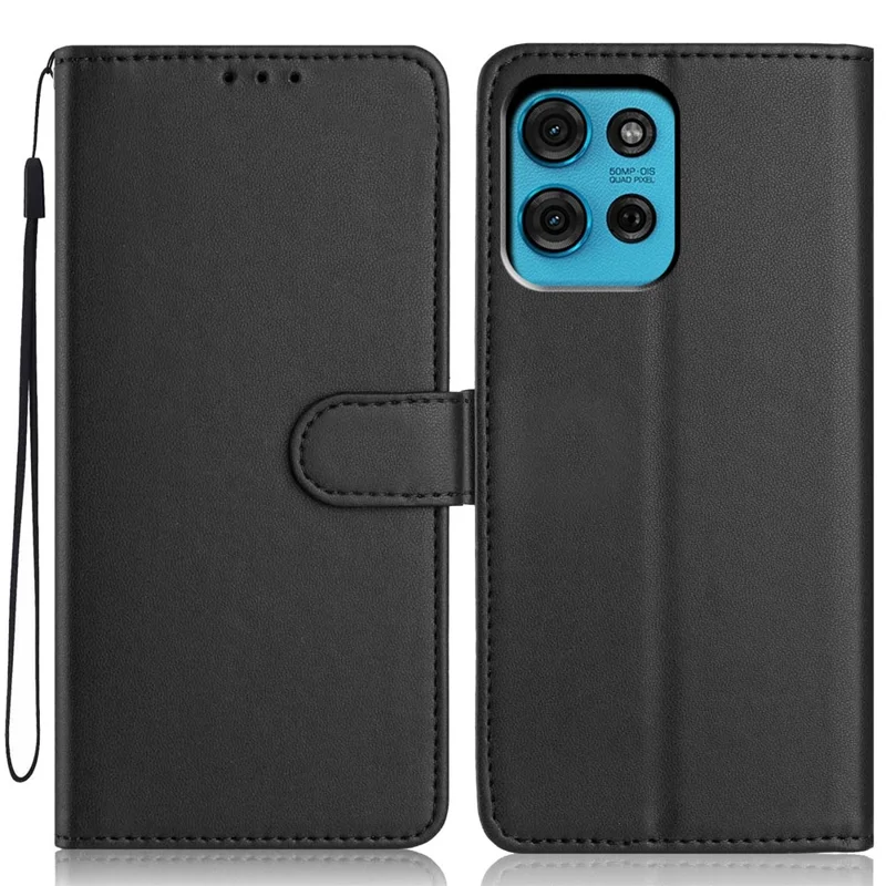 Custodia Portafoglio per Motorola Moto G 5G (2025) Colore Solido Pelle Stand Cover Telefono con Cinturino / Slot Multipli per Schede - Nero