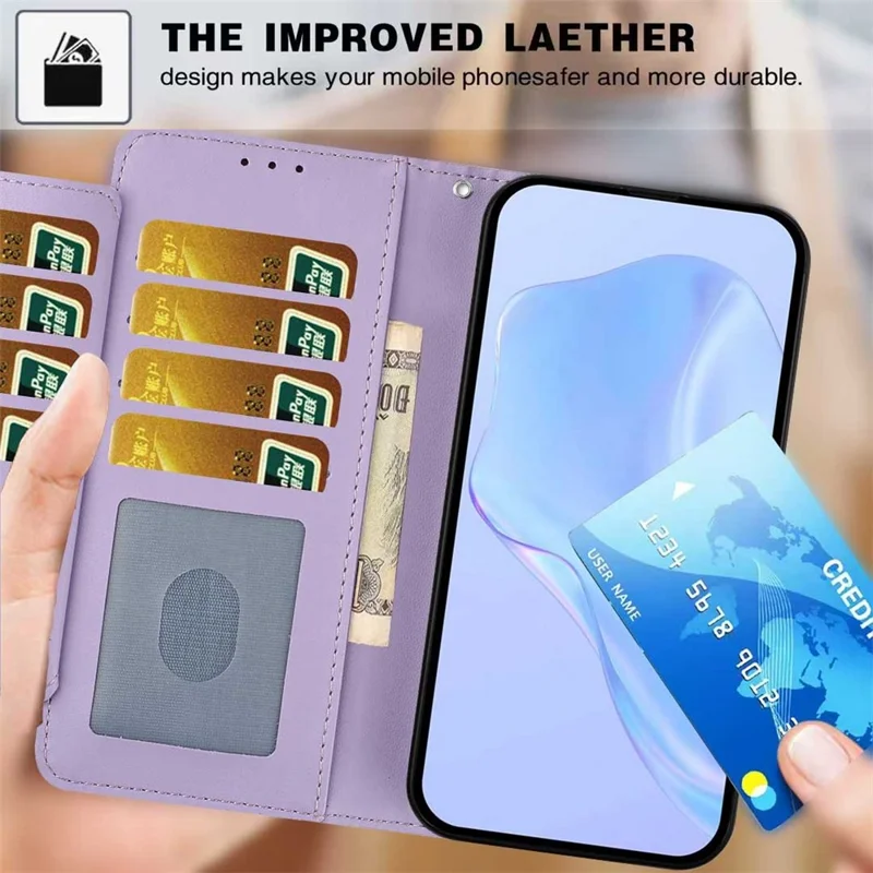 For Samsung Galaxy A15 4G / A15 5G Wallet Case with Strap / Multiple Card Slots Solid Color Leather Stand Phone Cover - Purple