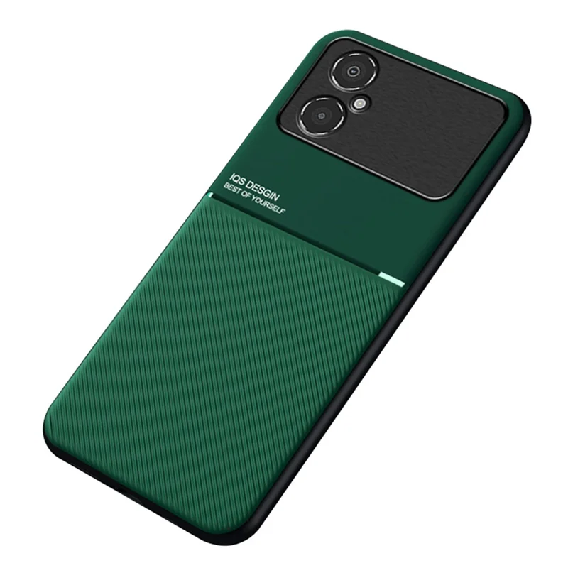 For Xiaomi Poco M4 5G Shock Absorbing Back Case with Built-in Metal Sheet Lines Imprinted PU Leather+TPU Hybrid Shell - Green