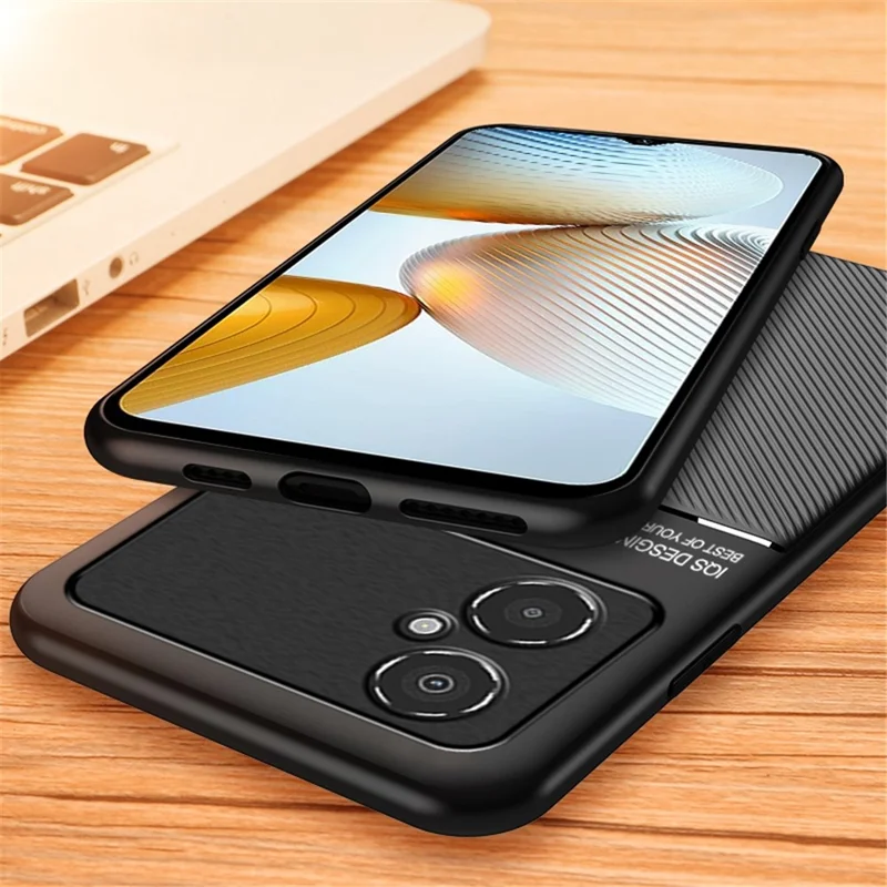 For Xiaomi Poco M4 5G Shock Absorbing Back Case with Built-in Metal Sheet Lines Imprinted PU Leather+TPU Hybrid Shell - Green