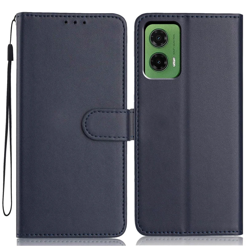 For Motorola Moto G35 5G Wallet Case with Strap / Multiple Card Slots Solid Color Leather Stand Phone Cover - Blue