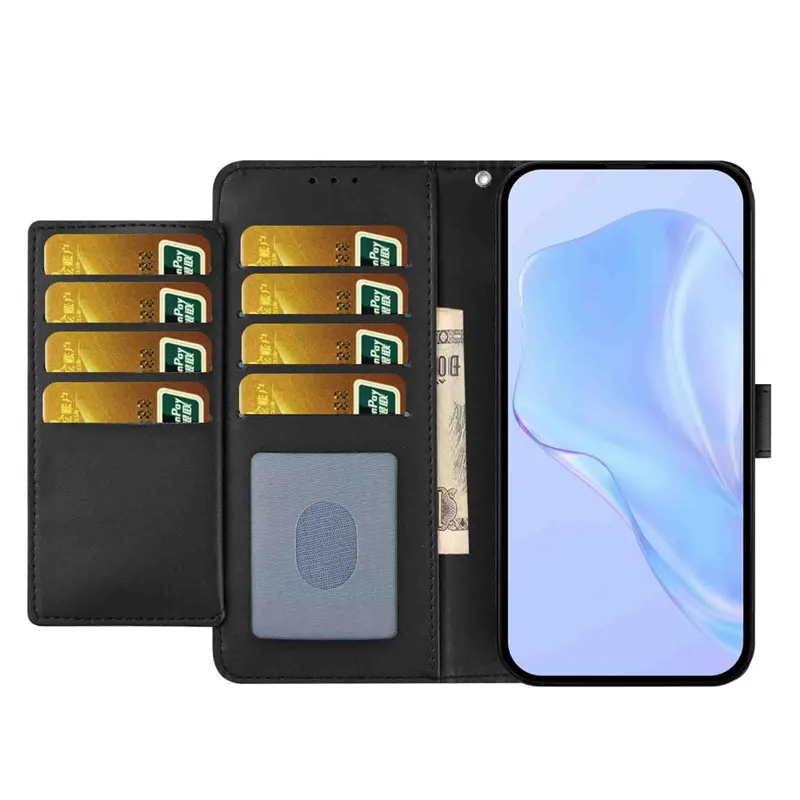 Capa de Carteira para Samsung Galaxy A05 4G com Alça / Vários Slots para Cartões Cor Sólida Capa de Telefone de Couro com Suporte - Preto