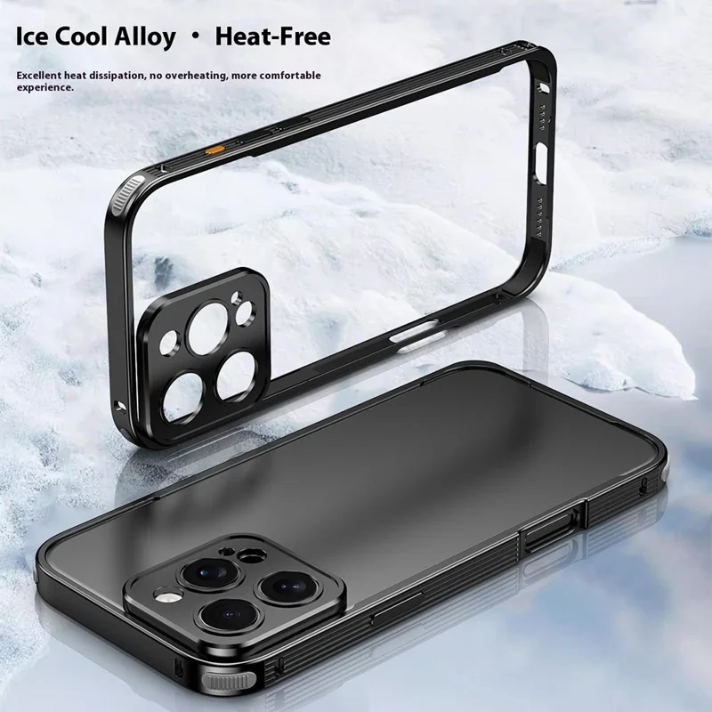 For iPhone 16 Pro Max Bumper Case Heat Dissipation Aluminium Alloy Phone Shell with Buckle / Camera Lid - Black