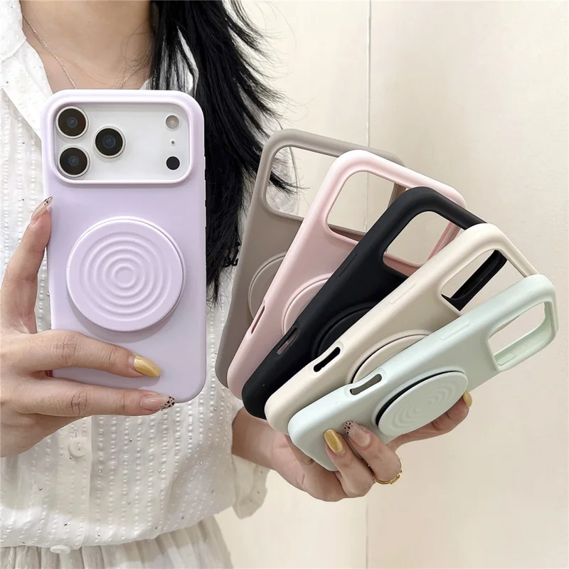 For iPhone 17 Pro Max Silicone Case Wave Pattern Folding Kickstand Phone Cover Built-In Soft Fabric Lining - Antique White