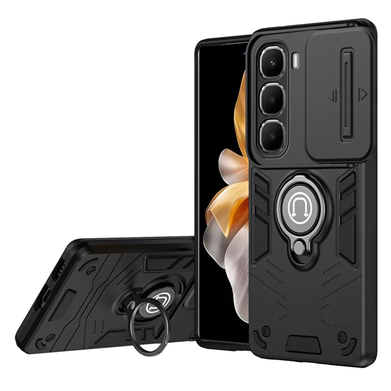 For Infinix Hot 60 5G Case Slide Camshield Kickstand PC + TPU Phone Cover - Black