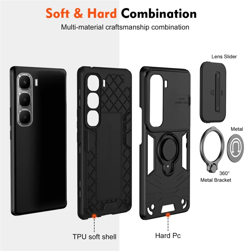 For Infinix Hot 60 5G Case Slide Camshield Kickstand PC + TPU Phone Cover - Black