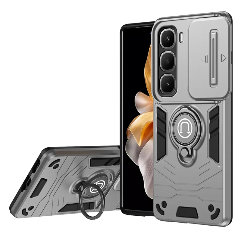 For Infinix Hot 60 Pro 4G Case Slide Camshield Kickstand PC + TPU Phone Cover - Grey