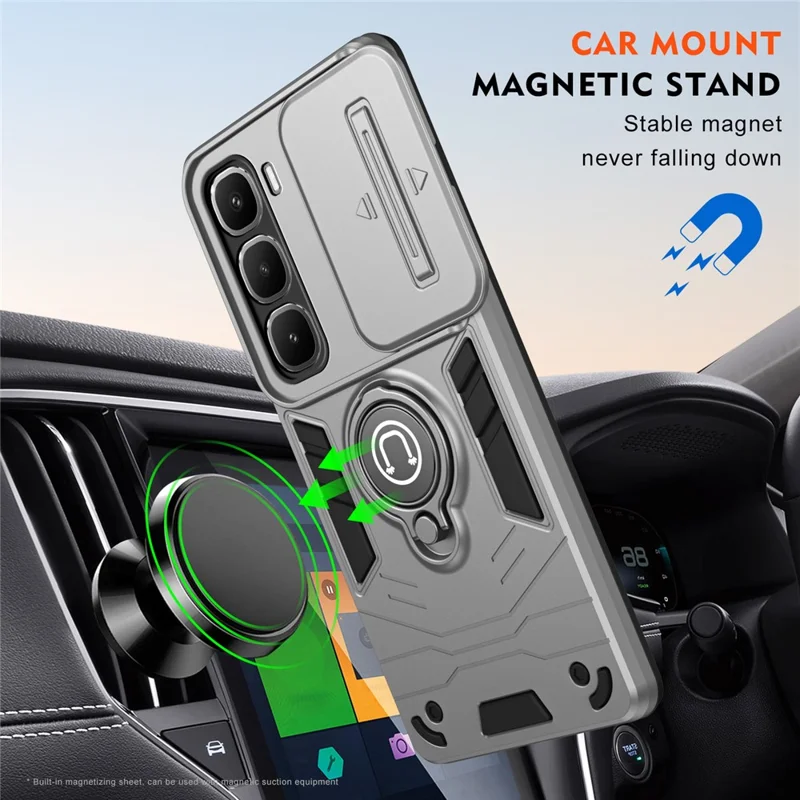 For Infinix Hot 60 Pro 4G Case Slide Camshield Kickstand PC + TPU Phone Cover - Grey