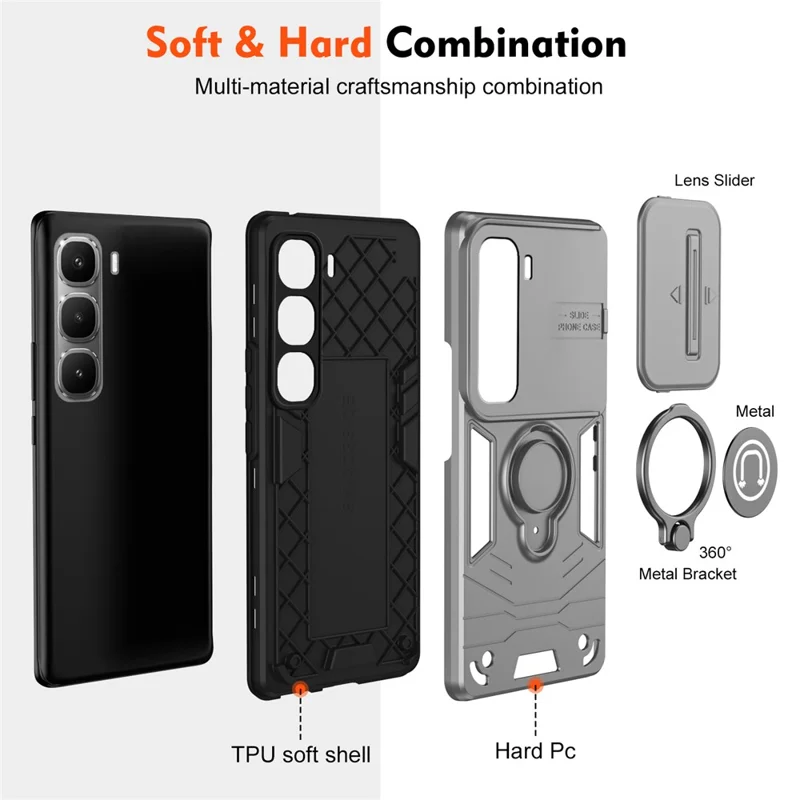 For Infinix Hot 60 Pro 4G Case Slide Camshield Kickstand PC + TPU Phone Cover - Grey