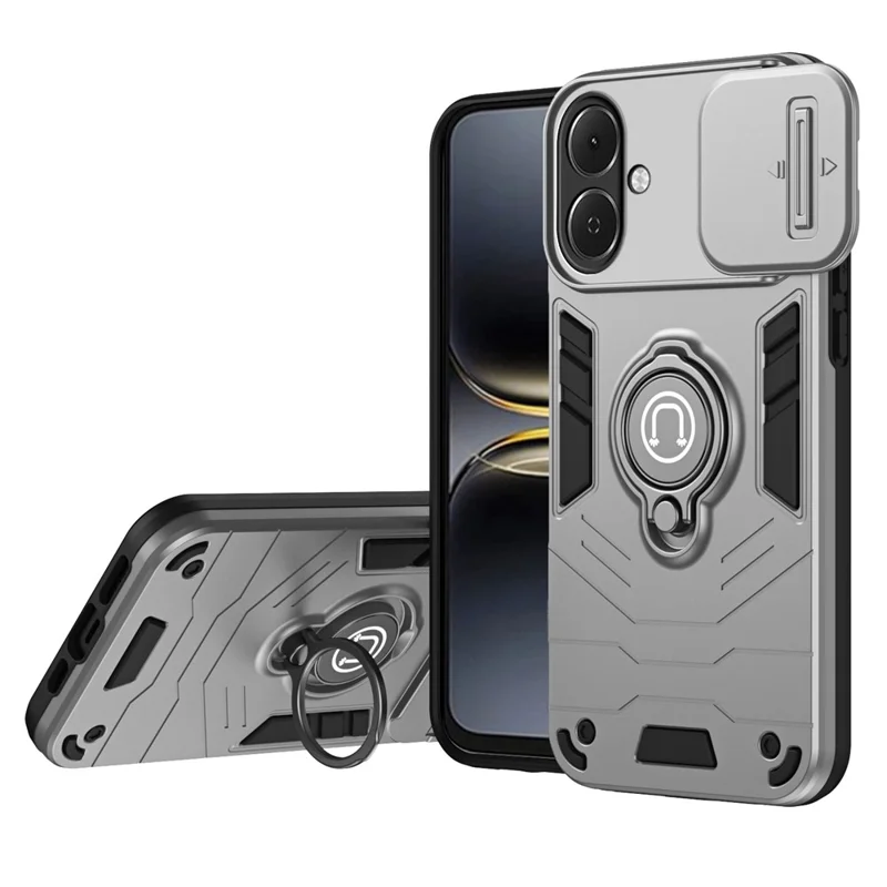 For TECNO Pop 10 Case Slide Camshield Kickstand PC + TPU Phone Cover - Grey