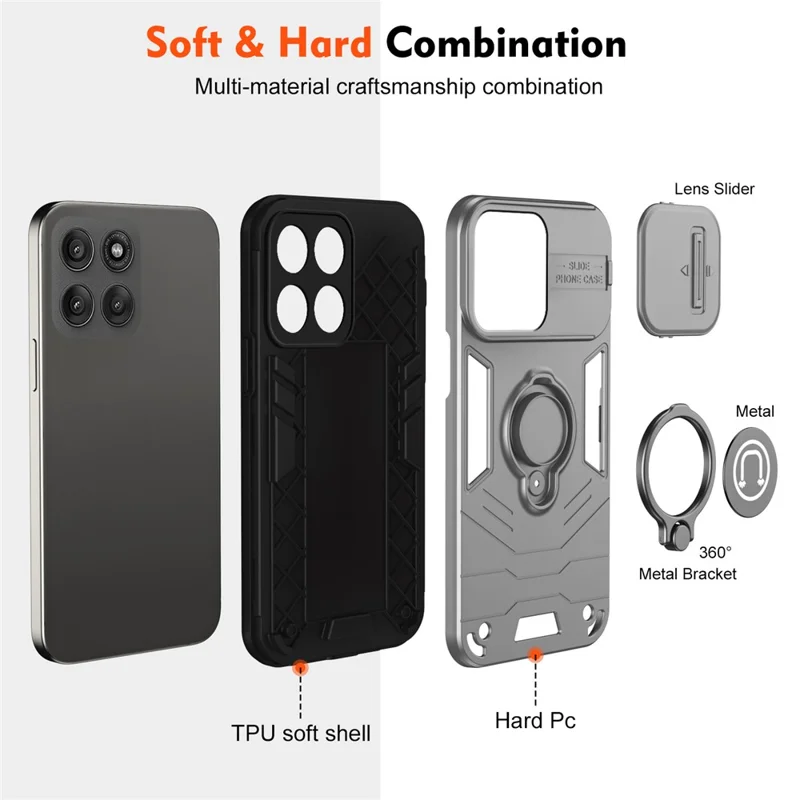 Obudowa do Motorola Edge 60 Pro 5G z przesuwaną osłoną aparatu, podstawką, pokrywką obiektywu PC + TPU - Szara