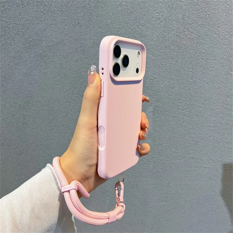 For iPhone 17 Pro Max Case Zacht Microvezel Voering Vloeibaar Silicone + PC Telefoonhoesje met Polsbandje - Roze
