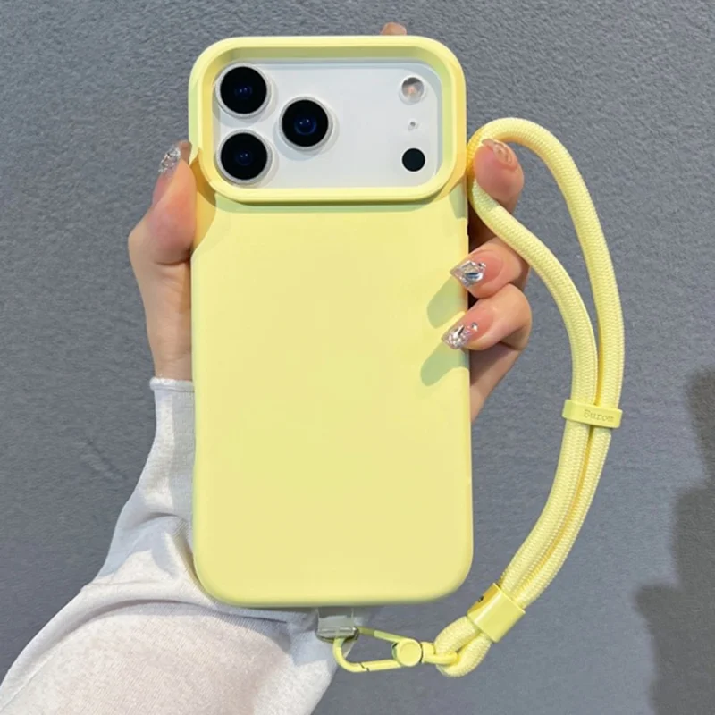 For iPhone 17 Pro Max Case Soft Microfiber Lining Liquid Silicone + PC Phone Cover with Wrist Strap - Light Yellow