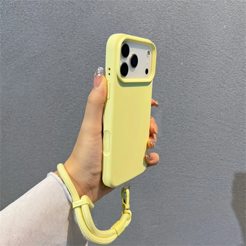 For iPhone 17 Pro Max Case Soft Microfiber Lining Liquid Silicone + PC Phone Cover with Wrist Strap - Light Yellow