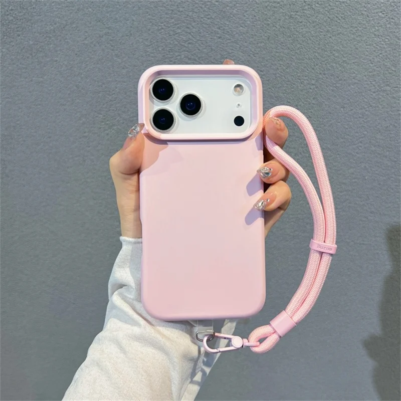 For iPhone 17 Pro Case Soft Microfiber Lining Liquid Silicone + PC Phone Cover with Wrist Strap - Pink