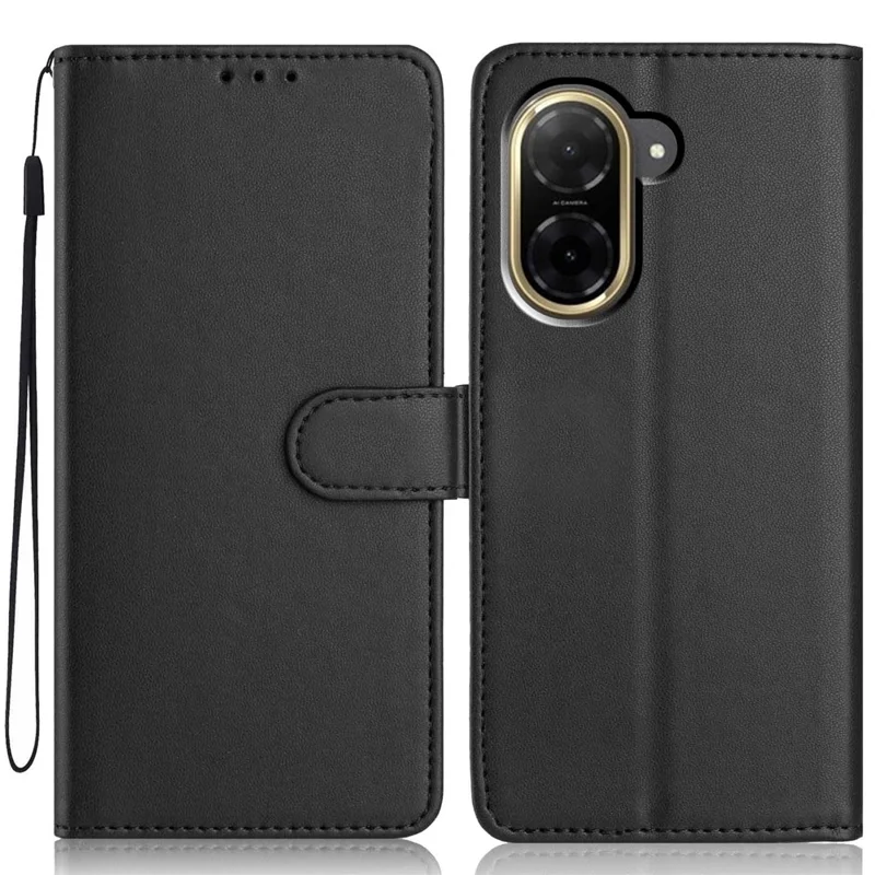 For Xiaomi Redmi A5 4G (171.7mm) / Poco C71 4G Wallet Case with Strap / Multiple Card Slots Solid Color Leather Stand Phone Cover - Black