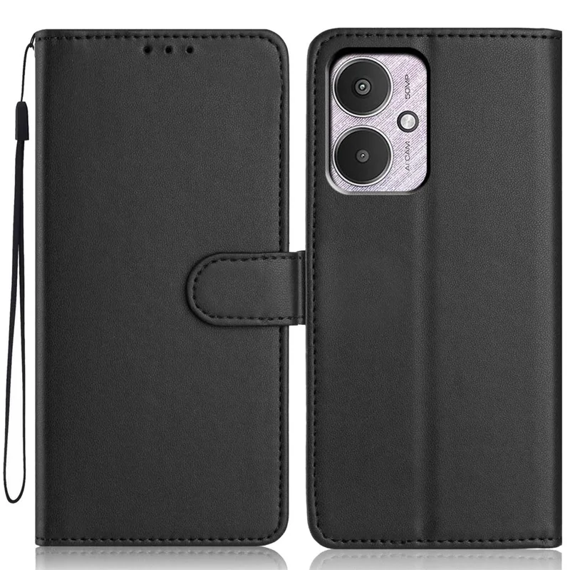 For Xiaomi Redmi 13C 4G / 13C 5G Wallet Case with Strap / Multiple Card Slots Solid Color Leather Stand Phone Cover - Black