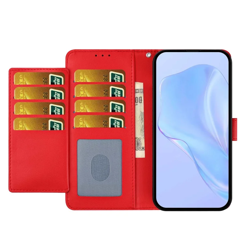 For Xiaomi Redmi 13C 4G / 13C 5G Wallet Case with Strap / Multiple Card Slots Solid Color Leather Stand Phone Cover - Red