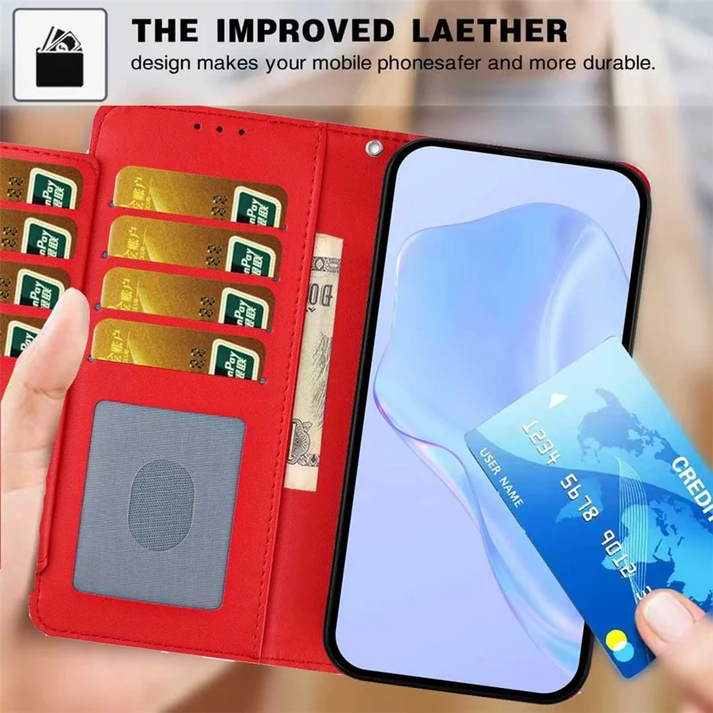 For Xiaomi Redmi 13C 4G / 13C 5G Wallet Case with Strap / Multiple Card Slots Solid Color Leather Stand Phone Cover - Red