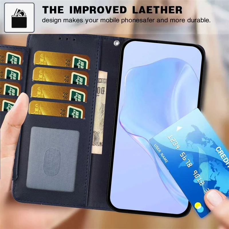 For Xiaomi Redmi 13C 4G / 13C 5G Wallet Case with Strap / Multiple Card Slots Solid Color Leather Stand Phone Cover - Blue