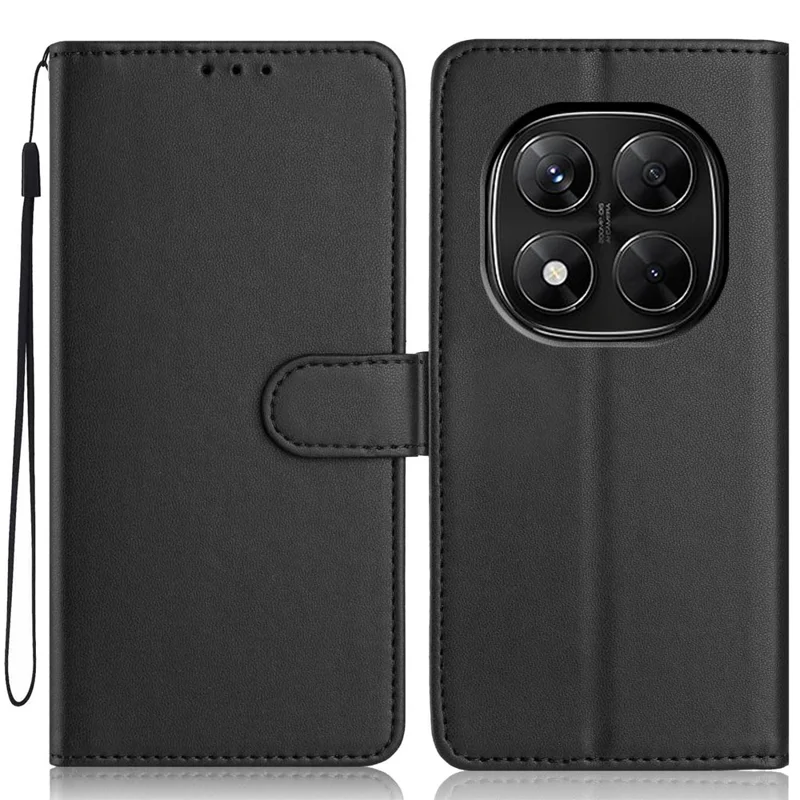For Xiaomi Redmi Note 14 Pro 5G / 14 Pro+ 5G Wallet Case with Strap / Multiple Card Slots Solid Color Leather Stand Phone Cover - Black