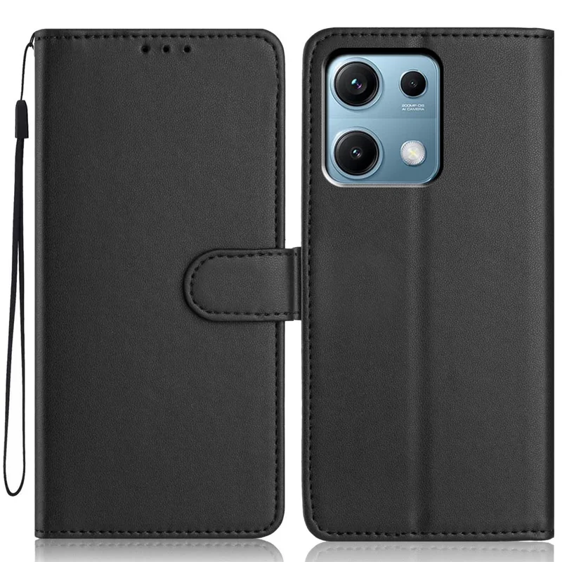For Xiaomi Redmi Note 14S 4G Wallet Case with Strap / Multiple Card Slots Solid Color Leather Stand Phone Cover - Black