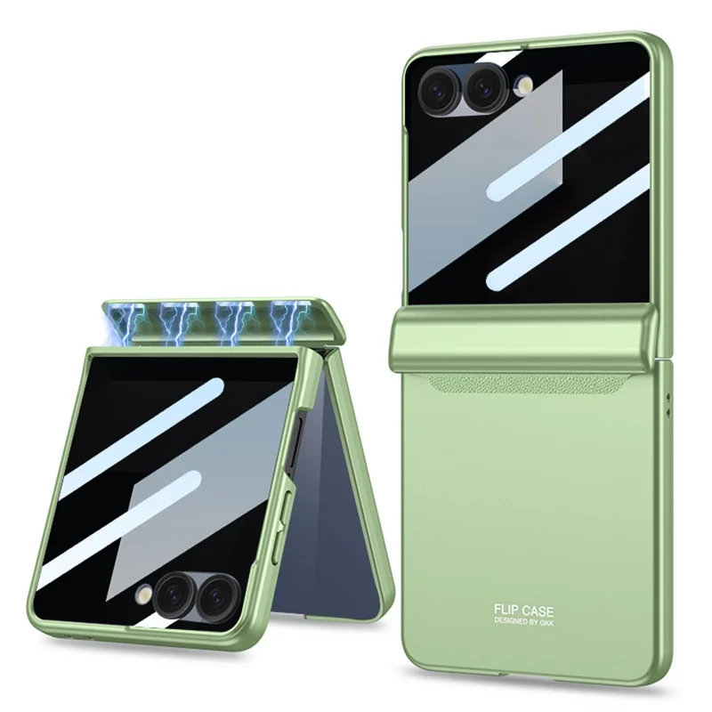 GKK For Samsung Galaxy Z Flip7 5G Case Magnetic Hinge Protection PC Phone Cover with Anti-Spy Tempered Glass Film - Matcha Green