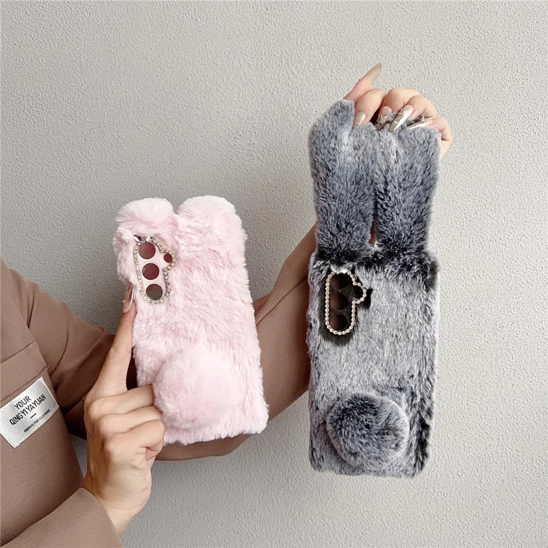 For Samsung Galaxy S25 FE Case Plush Cute Bunny Winter Fluffy TPU Phone Cover - Pink