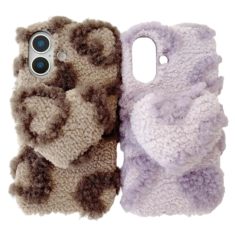 For iPhone 17 Case 3D Heart Plush TPU Winter Warm Soft TPU Phone Cover - Purple