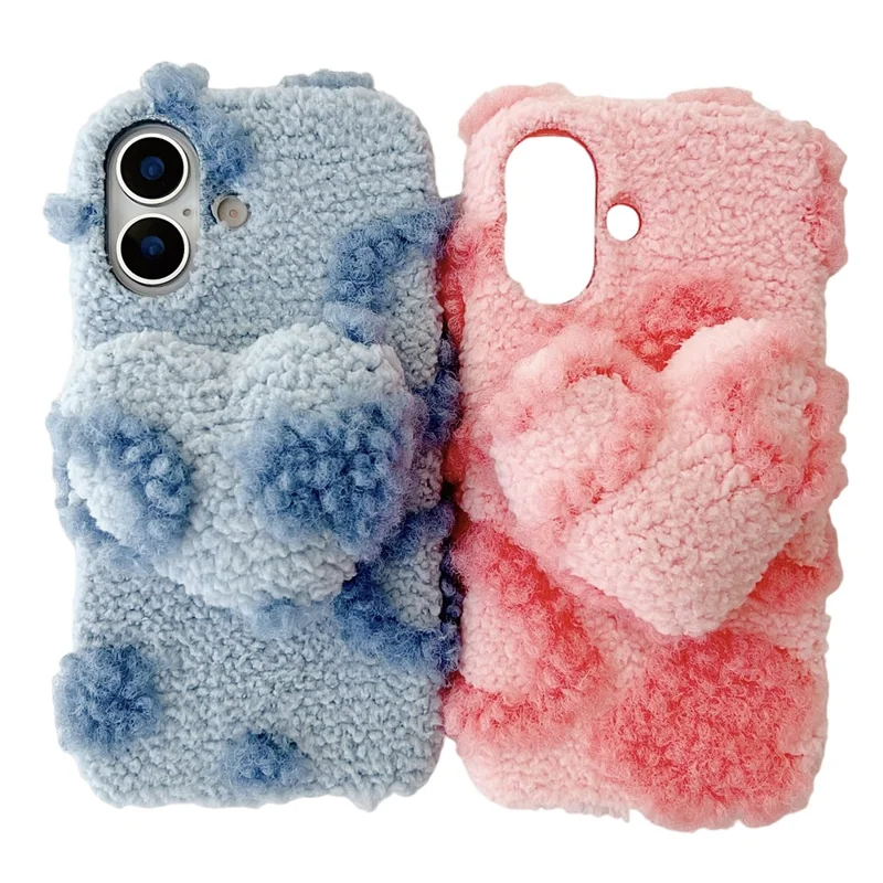 For iPhone 17 Case 3D Heart Plush TPU Winter Warm Soft TPU Phone Cover - Purple