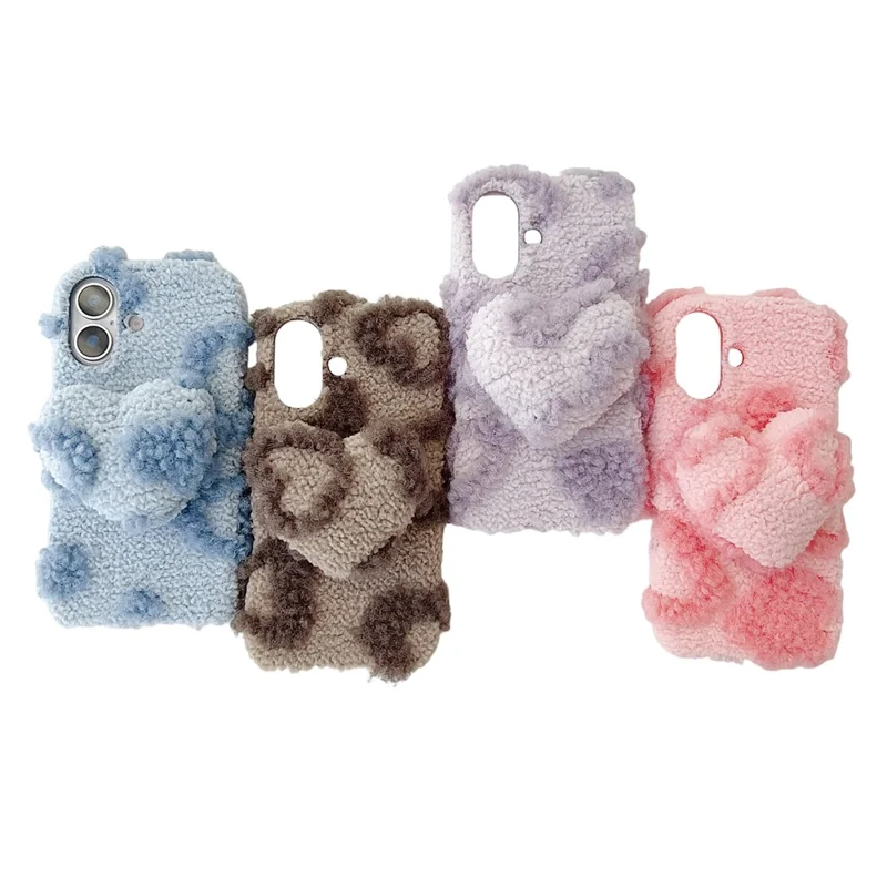 For iPhone 17 Case 3D Heart Plush TPU Winter Warm Soft TPU Phone Cover - Purple