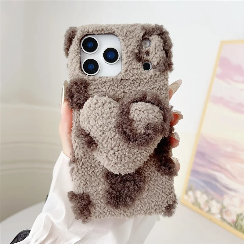 For iPhone 17 Pro Case 3D Heart Plush TPU Winter Warm Soft TPU Phone Cover - Brown