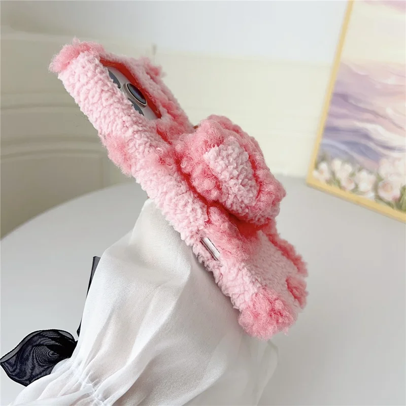 For iPhone 17 Pro Case 3D Heart Plush TPU Winter Warm Soft TPU Phone Cover - Brown