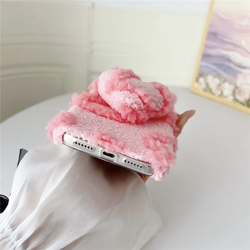 For iPhone 17 Pro Case 3D Heart Plush TPU Winter Warm Soft TPU Phone Cover - Brown