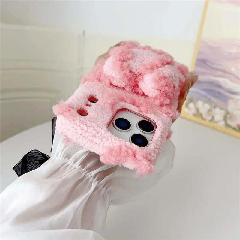 For iPhone 17 Pro Case 3D Heart Plush TPU Winter Warm Soft TPU Phone Cover - Brown